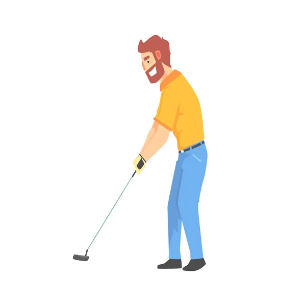 Smiling barbudo desenho animado golfe palyer personagem atingindo o vetor de bola Ilustração — Vetor de Stock