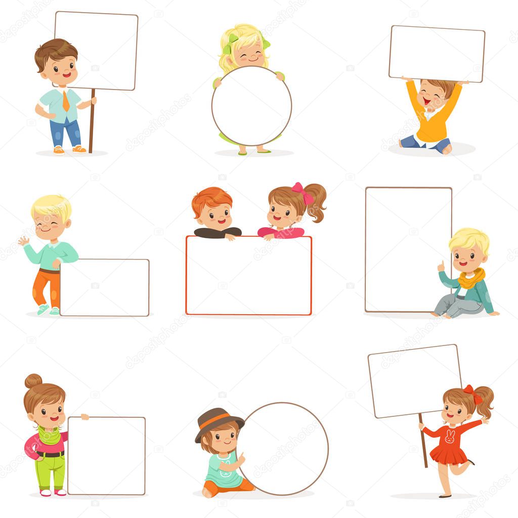 Cute kids holding white blank boards in different poses set. Smiling little boys and girls in casual clothes with empty posters vector illustrations