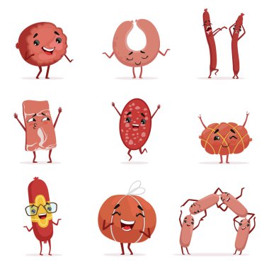 Şirin komik renkli karakterler vektör çizimler kümesi farklı duygular gösterilen sosis insanlaşmış