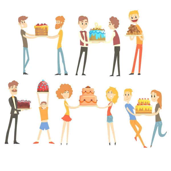 Set di persone felici e amorevoli che celebrano l'anniversario con una torta festiva personaggi colorati vettoriale Illustrazioni — Vettoriale Stock