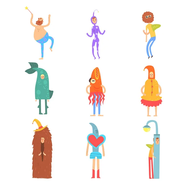 Conjunto de personas en trajes divertidos, personajes de hombre vestidos con diferentes trajes para niños vector de fiesta Ilustraciones — Archivo Imágenes Vectoriales