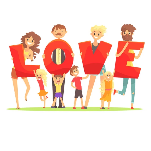 Groep van lachende mensen die het woord Love cartoon kleurrijke vector illustratie — Stockvector