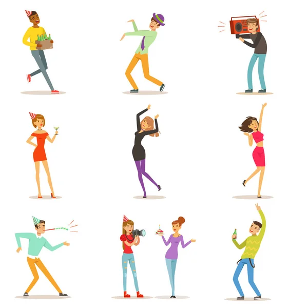 Gelukkige mensen tekens vieren, dansen en plezier op een verjaardagsfeestje set van kleurrijke personages vector illustraties — Stockvector