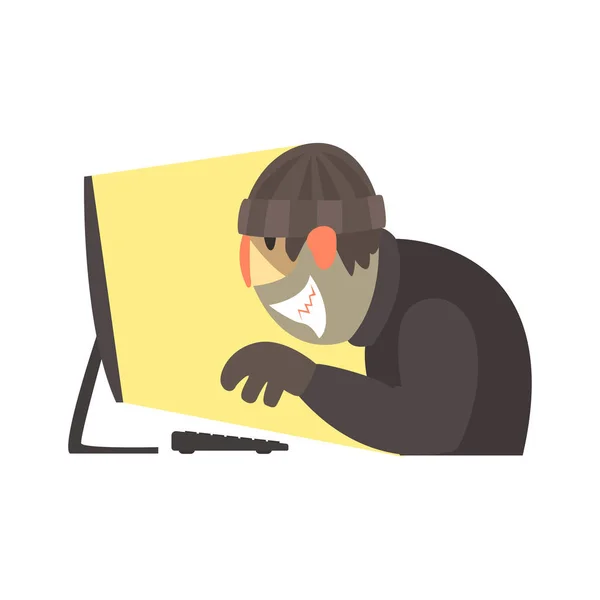 Cyber attaccante cercando di hackerare il computer, cibersicurezza vettore cartone animato Illustrazione — Vettoriale Stock