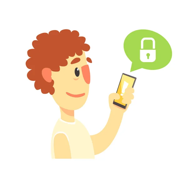 Cartoon man holding smartphone protected from hacker threats, cybersecurity cartoon vector Illustration — Stock Vector