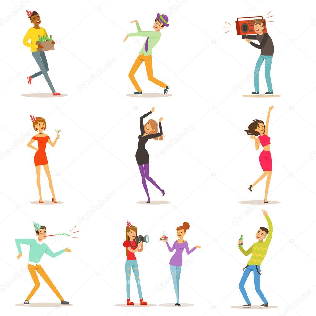 Happy people characters celebrating, dancing and having fun at a birthday party set of colorful characters vector Illustrations