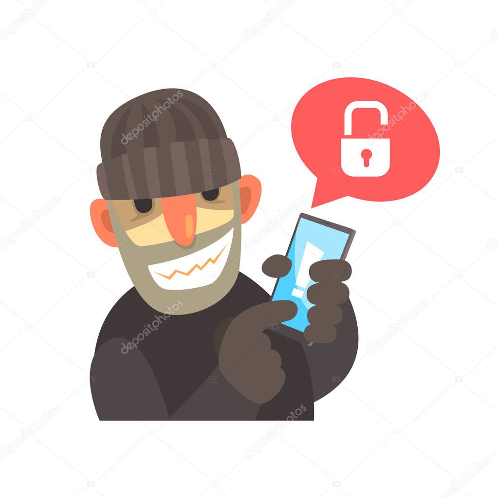 Smiling cartoon hacker holding a hacked smartphone cartoon vector Illustration