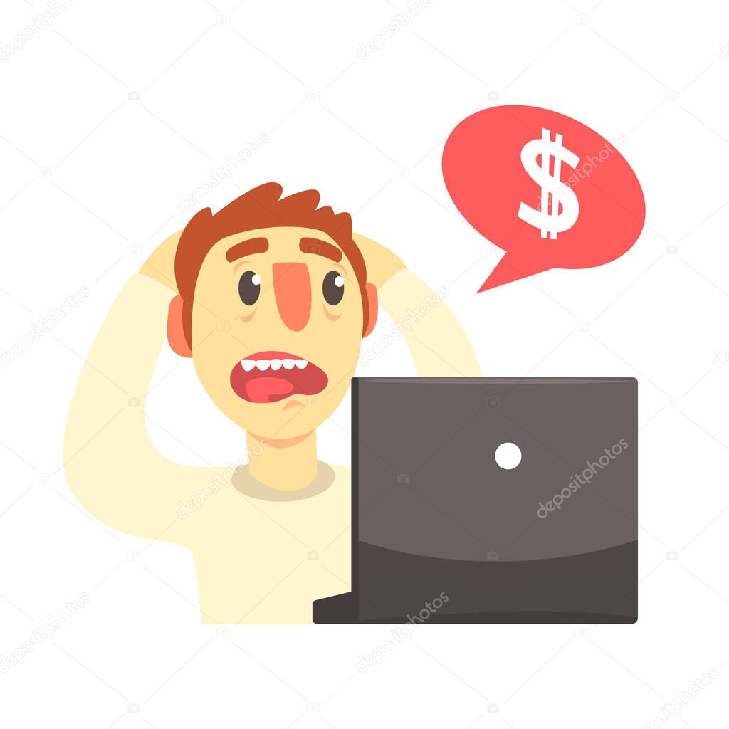 Stressed cartoon man looking at his laptop computer, internet security cartoon vector Illustration