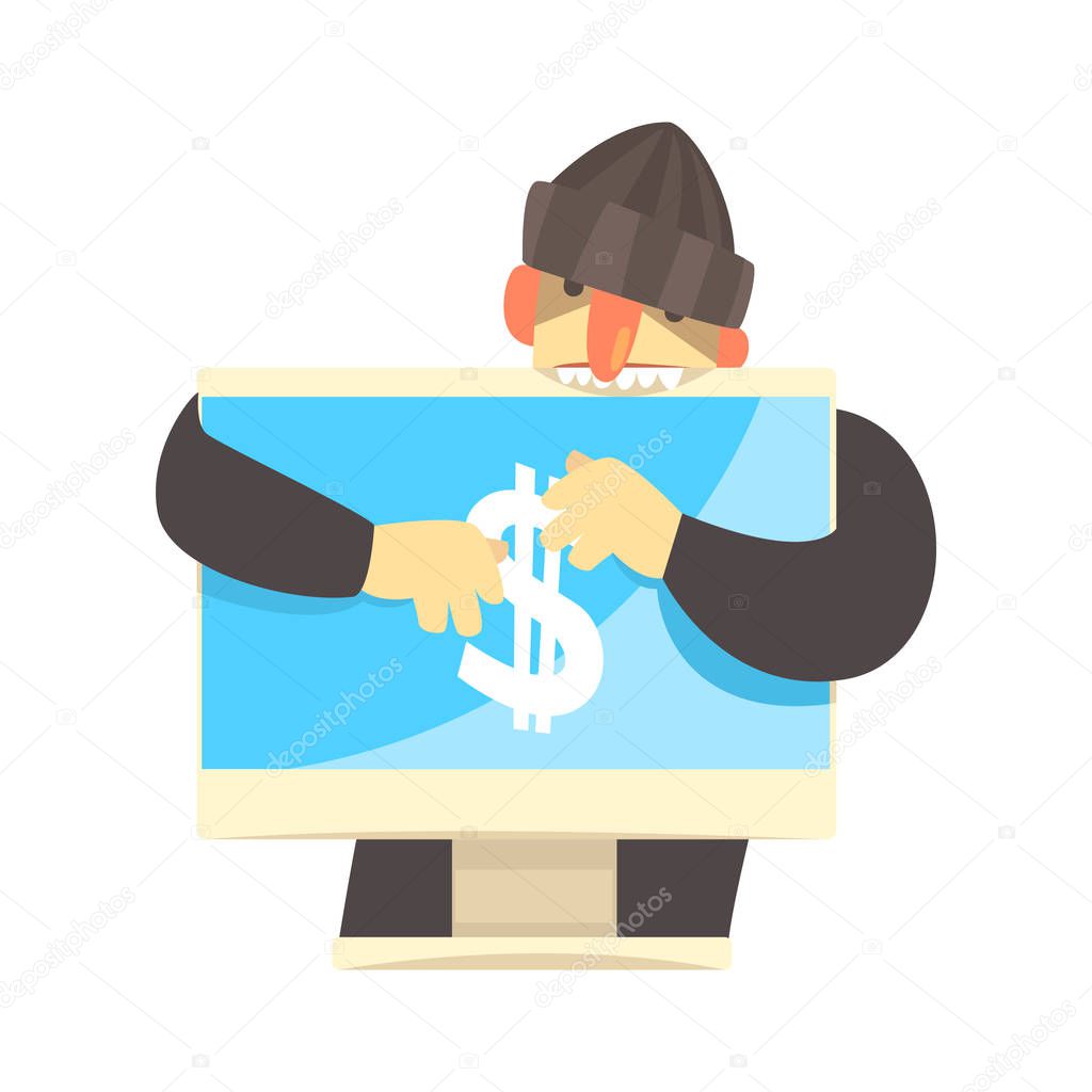 Cartoon hacker character stealing money from a personal computer,  cyber crime cartoon vector Illustration