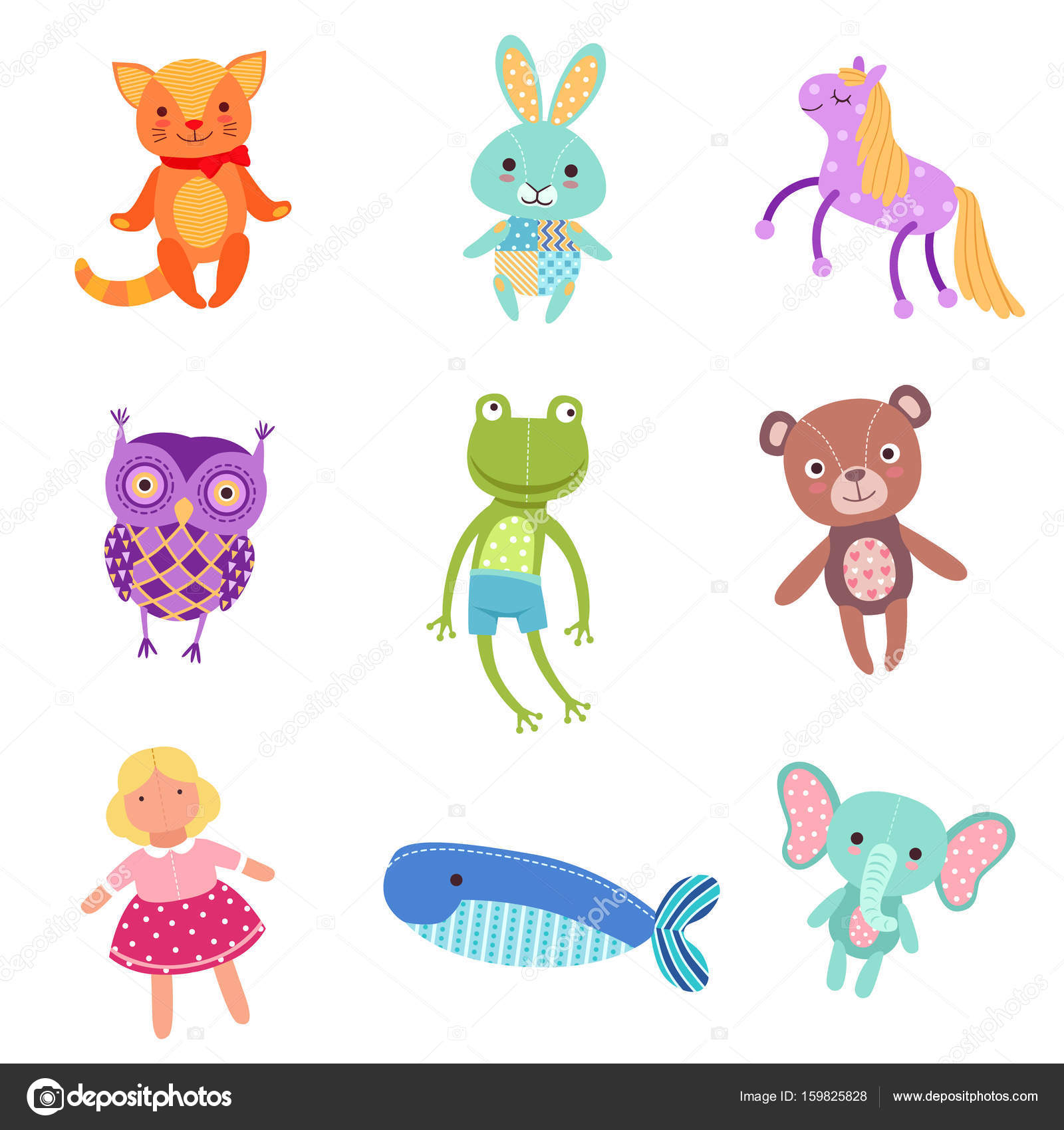 かわいいカラフルな柔らかいプラシ天動物おもちゃベクトル イラストの