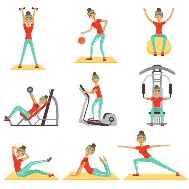 Spor malzemeleri ile spor salonunda egzersiz fitness kadın renkli vektör çizimler ayarla