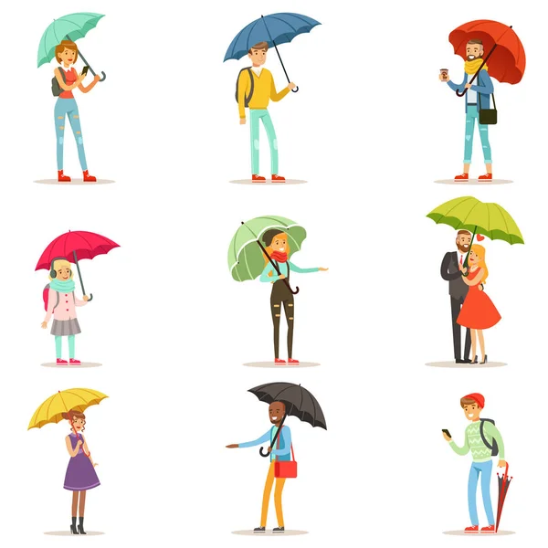 Des gens avec des parasols. Homme et femme souriants marchant sous le parapluie personnages colorés vecteur Illustrations isolées sur fond blanc — Image vectorielle