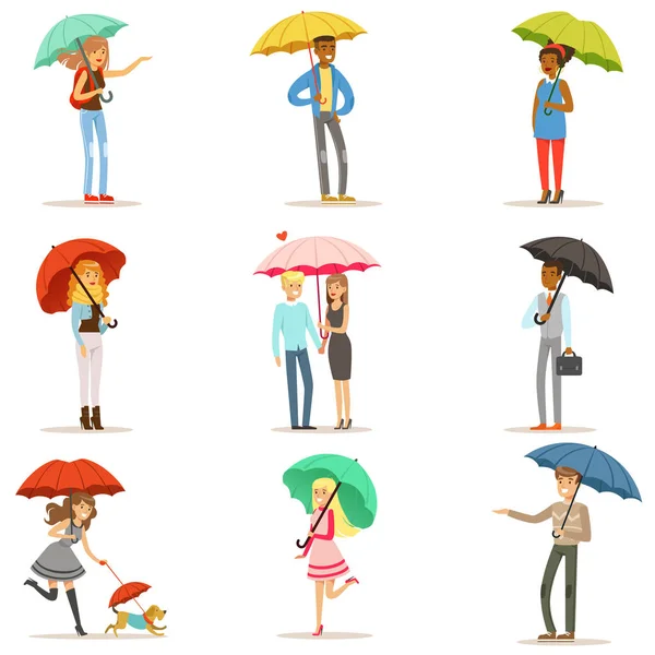Sada lidí s barevné deštníky. Usmívající se muž a žena chůze pod deštník barevné znaky vektorové ilustrace — Stockový vektor