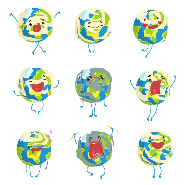 Lindo divertido planeta tierra emoji mostrando diferentes emociones conjunto de coloridos personajes vector ilustraciones aisladas sobre fondo blanco — Vector de stock