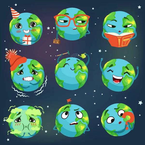 Симпатичный смешной мир Земля эмодзи показывает различные эмоции набор красочных персонажей векторные иллюстрации — стоковый вектор