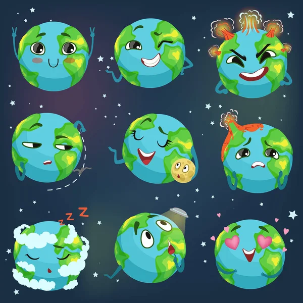 Симпатичная смешная планета Земля эмодзи показывает различные эмоции набор красочных персонажей векторные иллюстрации — стоковый вектор