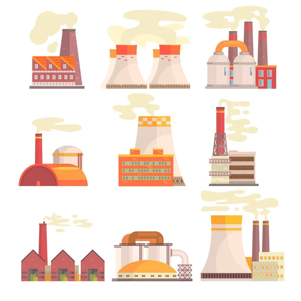 Εργοστάσιο βιομηχανικών κτιρίων σύνολο. Σύγχρονες μονάδες παραγωγής ενέργειας πολύχρωμο διανυσματικά εικονογραφήσεις — Διανυσματικό Αρχείο
