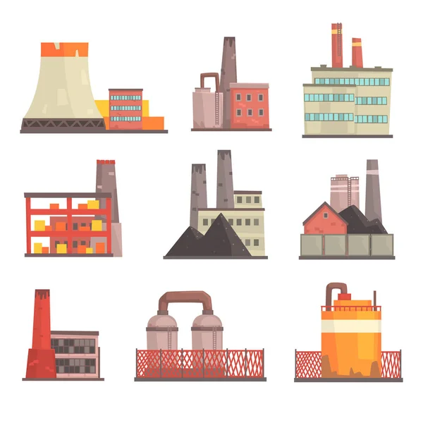 Εργοστάσιο βιομηχανικών κτιρίων σύνολο. Σύγχρονες μονάδες παραγωγής ενέργειας, κατασκευή κτιρίων πολύχρωμο διανυσματικά εικονογραφήσεις — Διανυσματικό Αρχείο