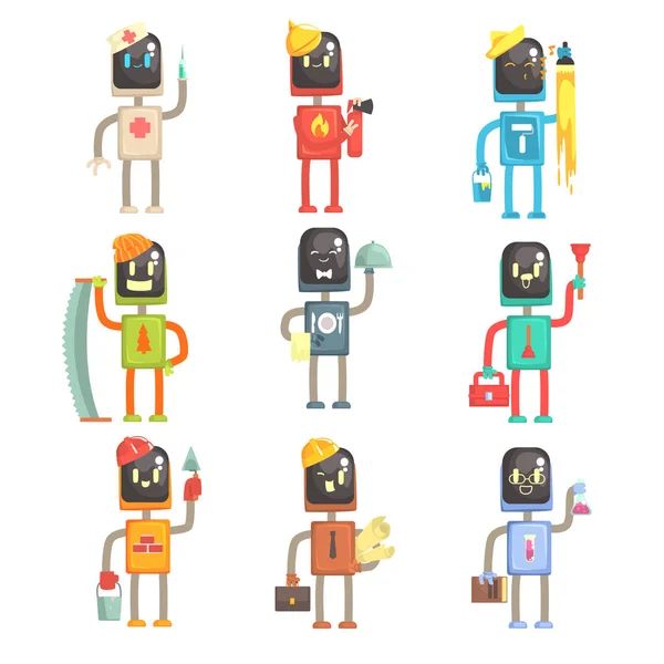 Lindos robots de dibujos animados en varias profesiones conjunto de personajes coloridos vector Ilustraciones — Vector de stock