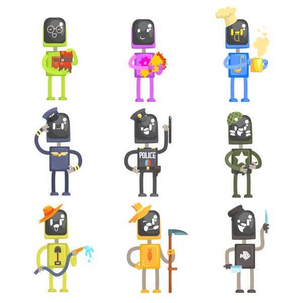 Robots de dessin animé mignons dans diverses professions avec équipement professionnel ensemble de personnages colorés vectoriels Illustrations — Image vectorielle
