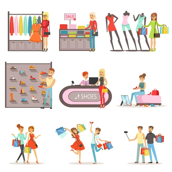 Pessoas de compras e compra de roupas e calçados conjunto, loja de roupas interior colorido vetor Ilustrações isoladas — Vetor de Stock