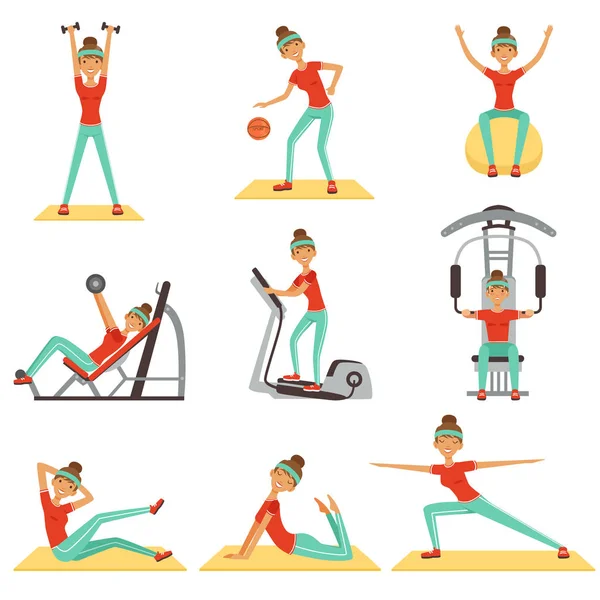 Wanita kebugaran berolahraga di gym dengan peralatan olahraga set Vector Illustrations berwarna-warni - Stok Vektor