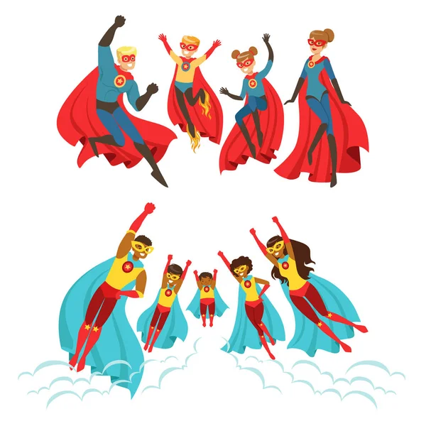 Süper kahramanlar mutlu aile ayarlayın. Süper kahramanlar renkli vektör çizimler gibi giyinmiş babaların çocukları gülümseyen — Stok Vektör