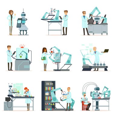 Yeni teknolojiler, yapay zeka ayarla, laboratuvarda Robotik makineler ile çalışan bilim adamları çizimler vektör