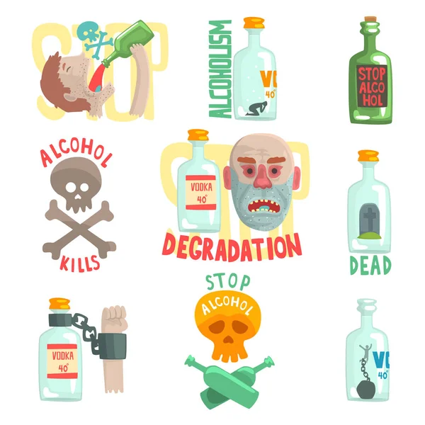 危险和风险从酒精设置，酗酒矢量插图 — 图库矢量图片