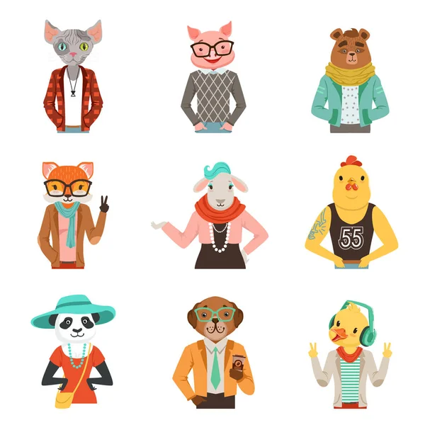 Animales humanizados lindos en ropa de moda conjunto de vectores ilustraciones — Vector de stock