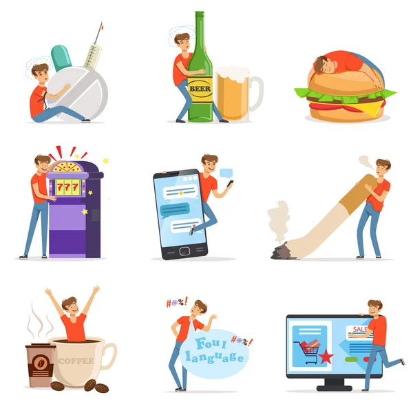 Slechte gewoonten ingesteld, alcoholisme, drugsverslaving, roken, gokken verslaving, smartphone, winkelen, coffeemania, gulzigheid met obesitas vector illustraties — Stockvector