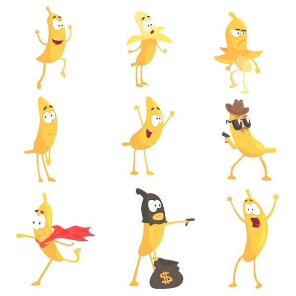 Niedliche Karikatur humanisierte Bananen-Emojis in verschiedenen Situationen Set von Vektorillustrationen — Stockvektor