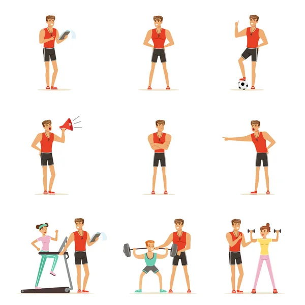 Personal gym coach trainer or instructor set of vector Illustrations — Stock Vector