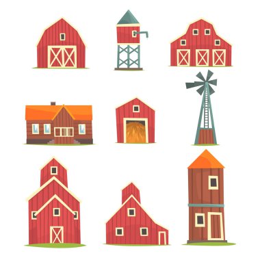 Çiftlik ve bina ve yapılar kümesi, kırsal yaşam ve Tarım sanayi nesneleri çizimler vektör