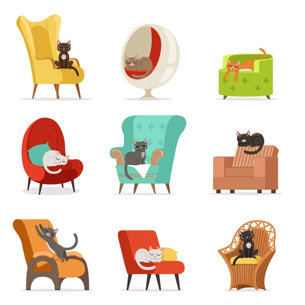 Χαριτωμένο διαφορετικούς χαρακτήρες γάτες που βρίσκονται και αναπαύονται σε πολυθρόνες σύνολο διανυσματικών Εικονογραφήσεις — Διανυσματικό Αρχείο