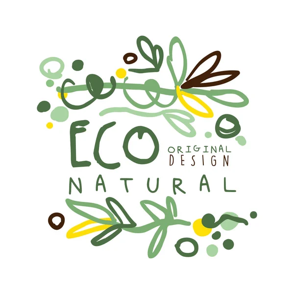 Eco etiqueta natural diseño original, plantilla gráfica logotipo. Estilo de vida saludable, productos hechos a mano, menú de alimentos orgánicos dibujado a mano vector Ilustración — Archivo Imágenes Vectoriales