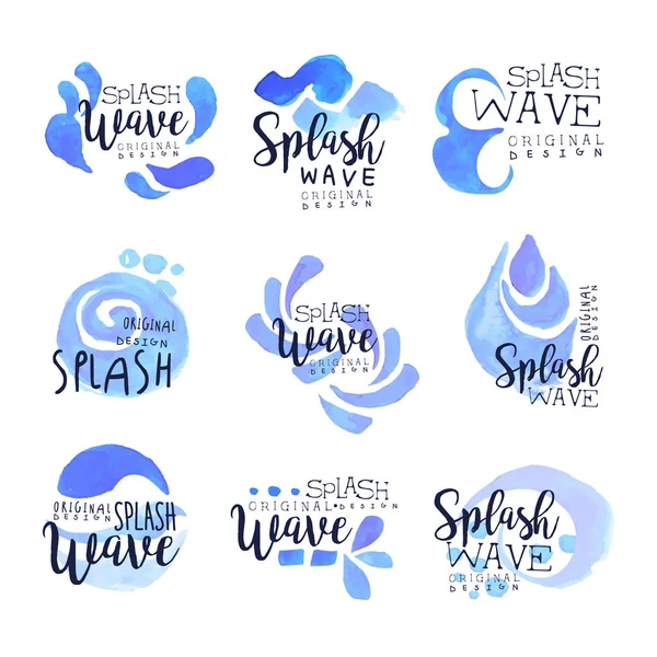 Splash wave logo template set, vector dibujado a mano Ilustraciones en colores azules — Archivo Imágenes Vectoriales