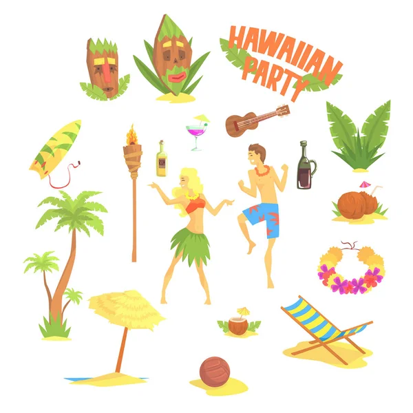 Zestaw hawajski party, Hawaje symbole ilustracje wektorowe — Wektor stockowy