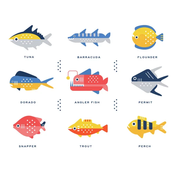 Raccolta di pesci di mare e di fiume e nome lettering in inglese vettoriale Illustrazioni — Vettoriale Stock