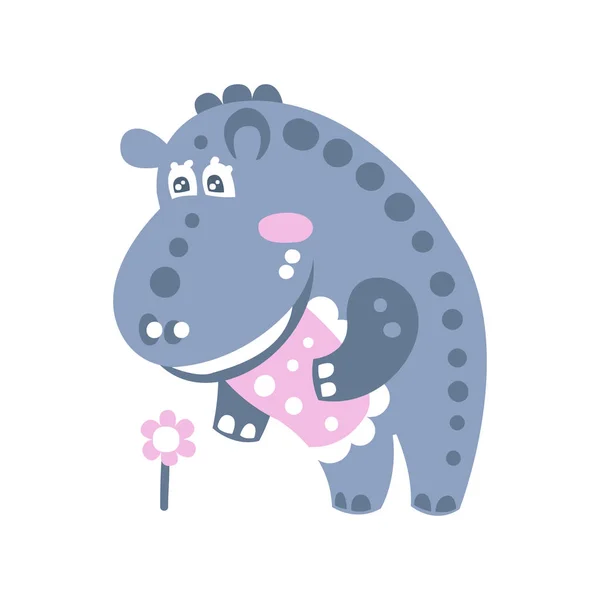 Mignon personnage de dessin animé Hippo debout et regardant vecteur de fleurs Illustration — Image vectorielle