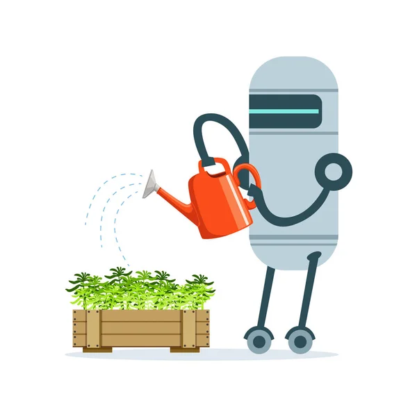 Husan robot karaktär med vattenkanna utfodring växter vektor Illustration — Stock vektor