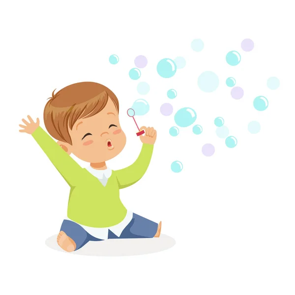 Aranyos kisfiú játszik bubbles — Stock Vector
