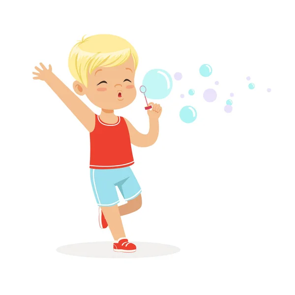 Roztomilý malý blonďák vyfukuje bubliny — Stockový vektor