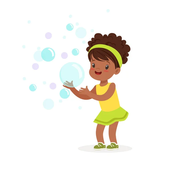 Cute smiling little girl playing bubbles — Stock Vector