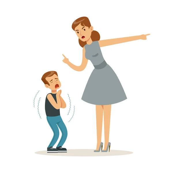 Mother character scolding her frightened son — Stock Vector