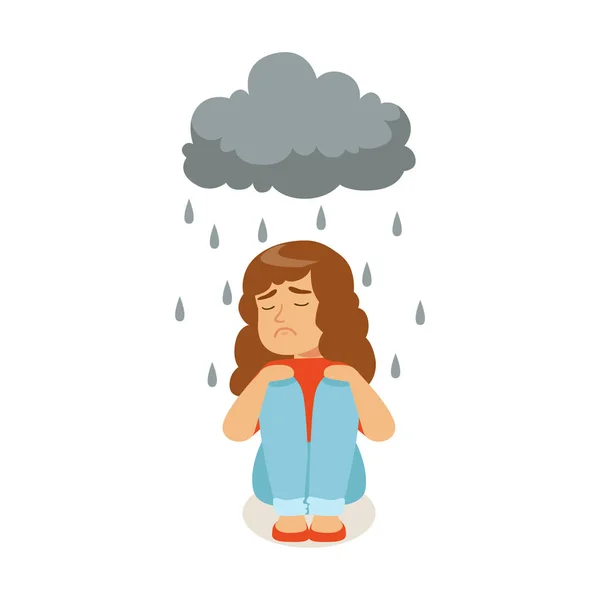 Personaje sentado bajo nubes lluviosas tormentosas — Vector de stock