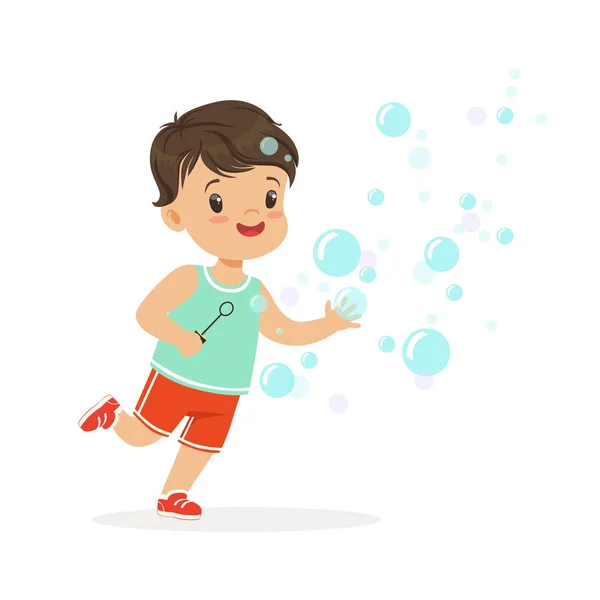 可爱的小男孩吹泡泡 — 图库矢量图片