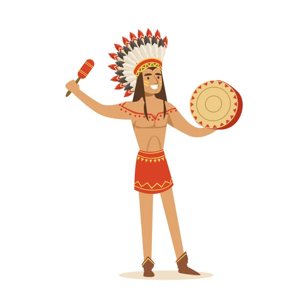 Native american indian playing tambourine — Stock Vector
