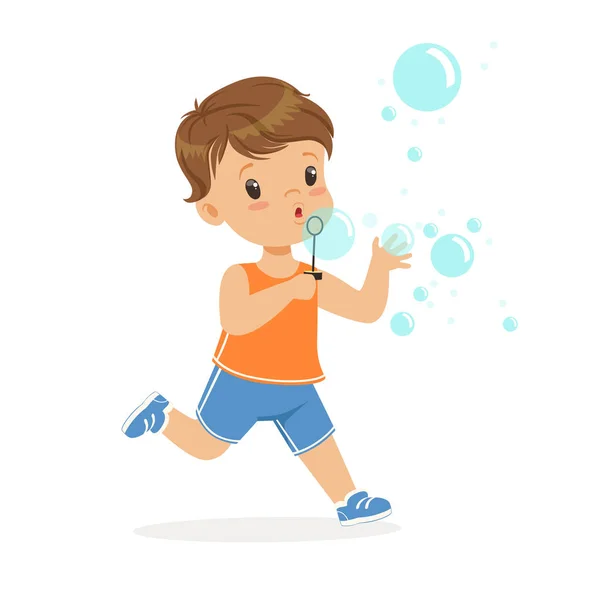 Lindo niño soplando burbujas — Vector de stock