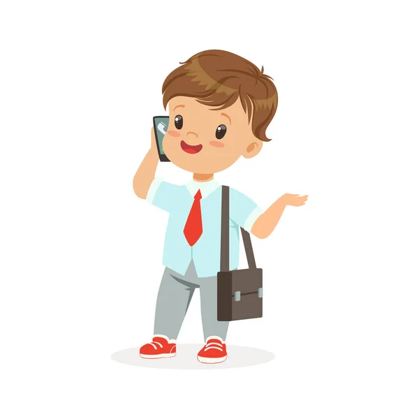 Pequeño hombre de negocios hablando en el teléfono inteligente — Vector de stock